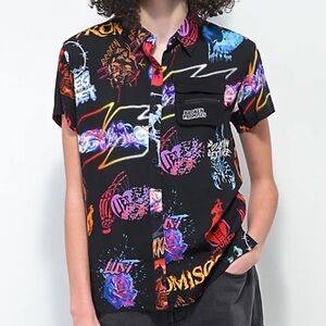 Broken Promises Black Graphic Rayon Camp Casual Short Sleeves Shirt Women’s M